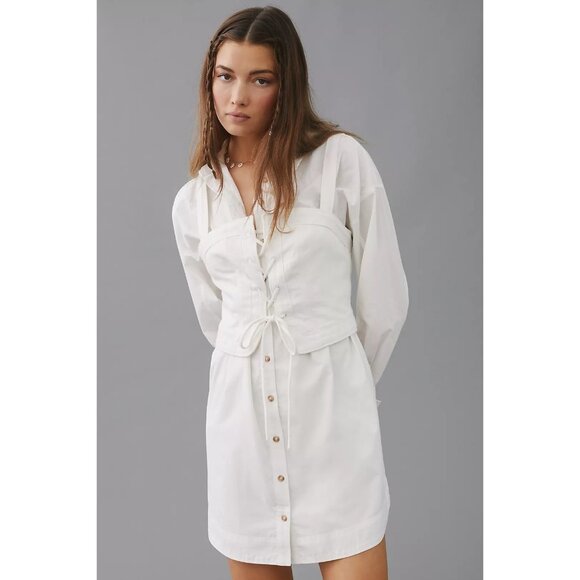 Pilcro Anthropologie White Button-Down Shirt Dress Linen Corset Top Medium 7799 - Picture 1 of 11